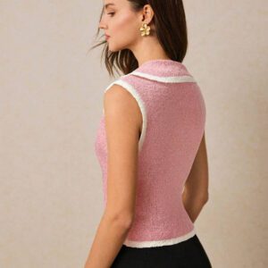 Poéselle Top sans manches en tricot pour femmes avec bordure contrastée et boutons devant