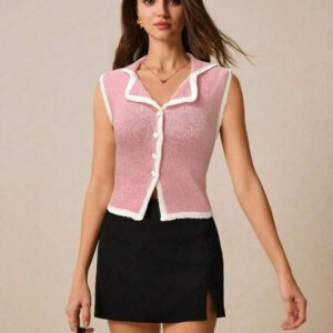 Poéselle Top sans manches en tricot pour femmes avec bordure contrastée et boutons devant