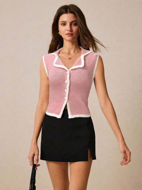 Poéselle Top sans manches en tricot pour femmes avec bordure contrastée et boutons devant – Image 20