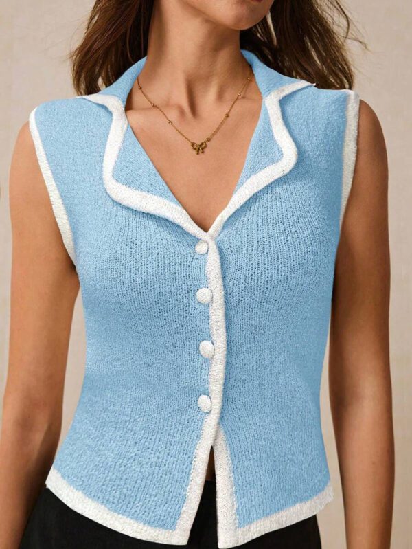 Poéselle Top sans manches en tricot pour femmes avec bordure contrastée et boutons devant – Image 22