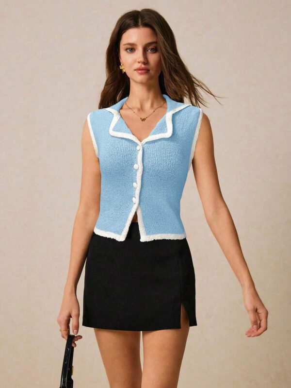 Poéselle Top sans manches en tricot pour femmes avec bordure contrastée et boutons devant – Image 26