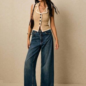Poéselle Top sans manches en tricot pour femmes avec bordure contrastée et boutons devant