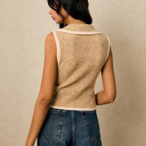 Poéselle Top sans manches en tricot pour femmes avec bordure contrastée et boutons devant