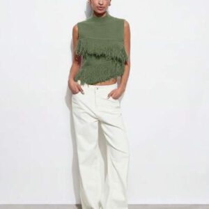 Maija Top en tricot sans manches de couleur unie à la mode pour femme avec décoration à pompons