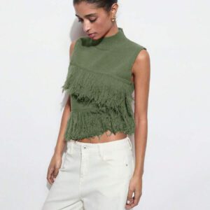 Maija Top en tricot sans manches de couleur unie à la mode pour femme avec décoration à pompons