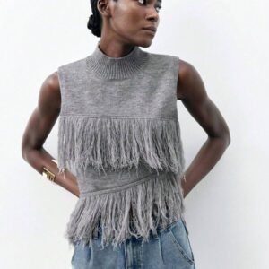 Maija Top en tricot sans manches de couleur unie à la mode pour femme avec décoration à pompons