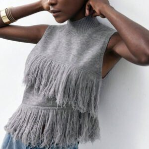 Maija Top en tricot sans manches de couleur unie à la mode pour femme avec décoration à pompons