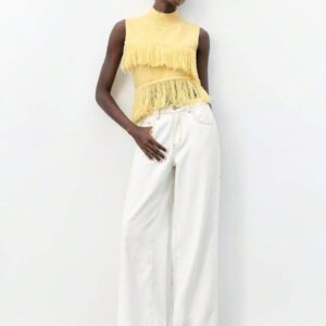 Maija Top en tricot sans manches de couleur unie à la mode pour femme avec décoration à pompons