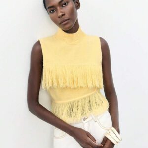 Maija Top en tricot sans manches de couleur unie à la mode pour femme avec décoration à pompons