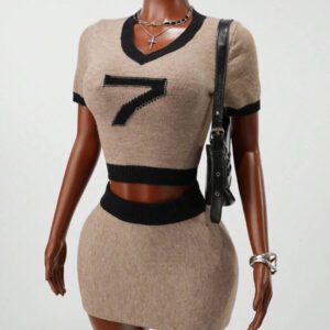 BamGleam Ensemble de pull pour femmes avec motif chiffre 7, Top court à manches courtes col V, style sport chic décontracté
