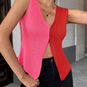 Chiquease Gilet-cardigan asymétrique tricoté avec blocs de couleurs pour femmes, top léger pour l'été