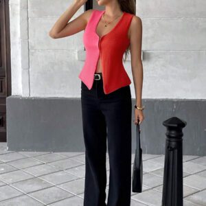 Chiquease Gilet-cardigan asymétrique tricoté avec blocs de couleurs pour femmes, top léger pour l'été