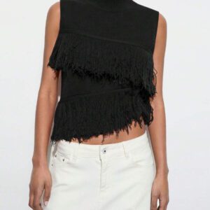 Maija Top en tricot sans manches de couleur unie à la mode pour femme avec décoration à pompons