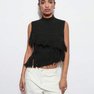 Maija Top en tricot sans manches de couleur unie à la mode pour femme avec décoration à pompons
