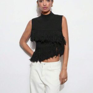Maija Top en tricot sans manches de couleur unie à la mode pour femme avec décoration à pompons