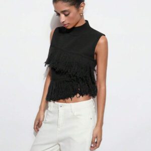 Maija Top en tricot sans manches de couleur unie à la mode pour femme avec décoration à pompons
