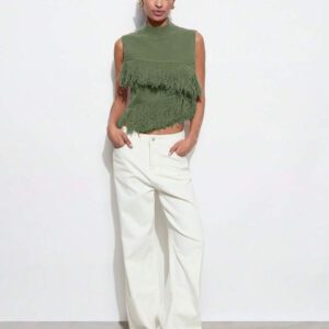 Maija Top en tricot sans manches de couleur unie à la mode pour femme avec décoration à pompons