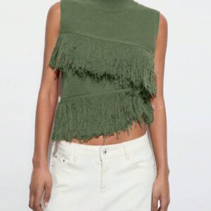 Maija Top en tricot sans manches de couleur unie à la mode pour femme avec décoration à pompons