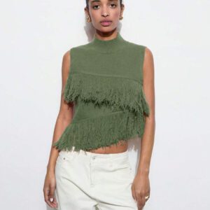 Maija Top en tricot sans manches de couleur unie à la mode pour femme avec décoration à pompons