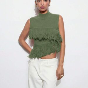Maija Top en tricot sans manches de couleur unie à la mode pour femme avec décoration à pompons