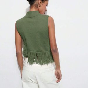 Maija Top en tricot sans manches de couleur unie à la mode pour femme avec décoration à pompons