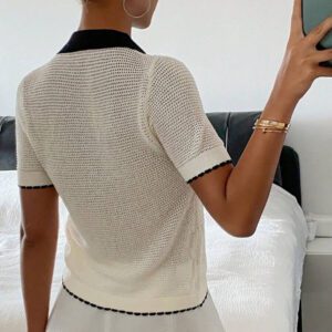 Livesso Top tricoté à manches courtes, col châle, nœud papillon, contraste de couleurs pour femme, pour l'été