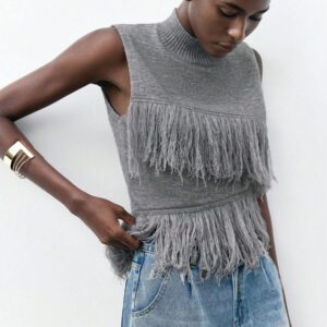 Maija Top en tricot sans manches de couleur unie à la mode pour femme avec décoration à pompons