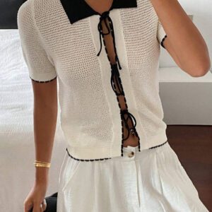 Livesso Top tricoté à manches courtes, col châle, nœud papillon, contraste de couleurs pour femme, pour l'été