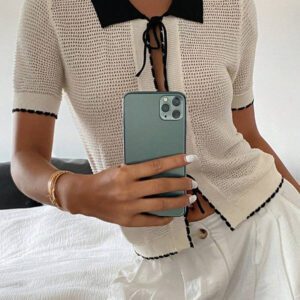 Livesso Top tricoté à manches courtes, col châle, nœud papillon, contraste de couleurs pour femme, pour l'été