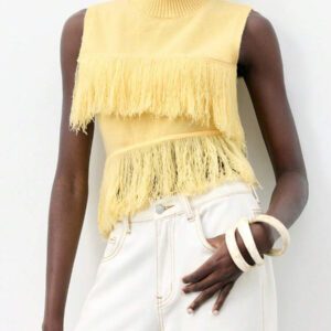 Maija Top en tricot sans manches de couleur unie à la mode pour femme avec décoration à pompons