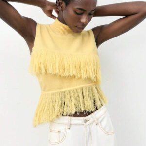 Maija Top en tricot sans manches de couleur unie à la mode pour femme avec décoration à pompons