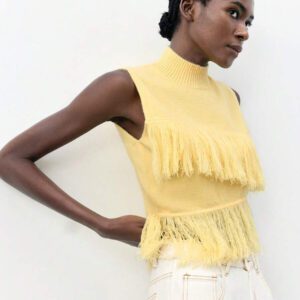 Maija Top en tricot sans manches de couleur unie à la mode pour femme avec décoration à pompons