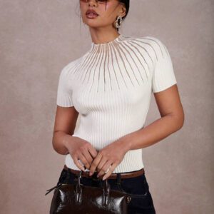 COSMINA Pull décontracté slim ajusté à col montant et manches courtes pour femme, pour un port quotidien
