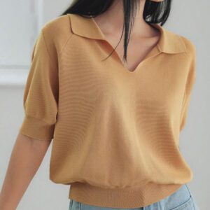 Dazy-Less Top tricoté ample de couleur jaune crème, simple et décontracté. Élégant pour le bureau, manches courtes, pour le printemps et l'été. Tenue pour enseignante