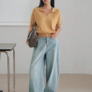 Dazy-Less Top tricoté ample de couleur jaune crème, simple et décontracté. Élégant pour le bureau, manches courtes, pour le printemps et l'été. Tenue pour enseignante
