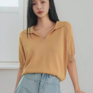 Dazy-Less Top tricoté ample de couleur jaune crème, simple et décontracté. Élégant pour le bureau, manches courtes, pour le printemps et l'été. Tenue pour enseignante