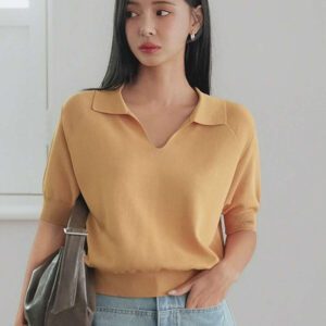 Dazy-Less Top tricoté ample de couleur jaune crème, simple et décontracté. Élégant pour le bureau, manches courtes, pour le printemps et l'été. Tenue pour enseignante