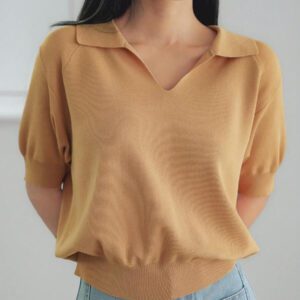 Dazy-Less Top tricoté ample de couleur jaune crème, simple et décontracté. Élégant pour le bureau, manches courtes, pour le printemps et l'été. Tenue pour enseignante