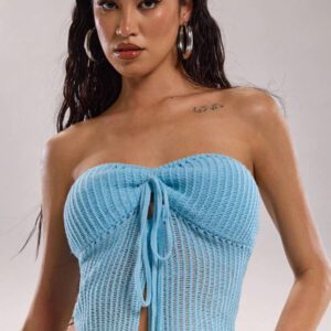 SHEIN BAE Blouse tricot tube asymétrique avec nœud devant, couleur unie pour femme