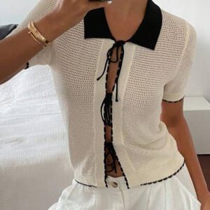 Livesso Top tricoté à manches courtes, col châle, nœud papillon, contraste de couleurs pour femme, pour l'été
