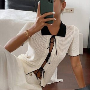 Livesso Top tricoté à manches courtes, col châle, nœud papillon, contraste de couleurs pour femme, pour l'été
