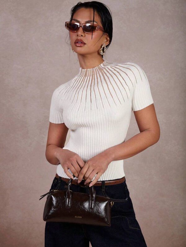 COSMINA Pull décontracté slim ajusté à col montant et manches courtes pour femme, pour un port quotidien – Image 2