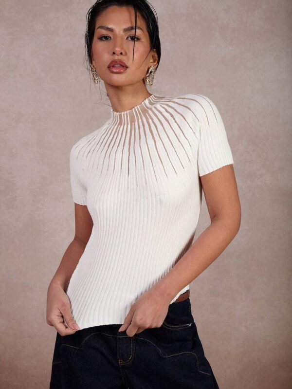 COSMINA Pull décontracté slim ajusté à col montant et manches courtes pour femme, pour un port quotidien – Image 5