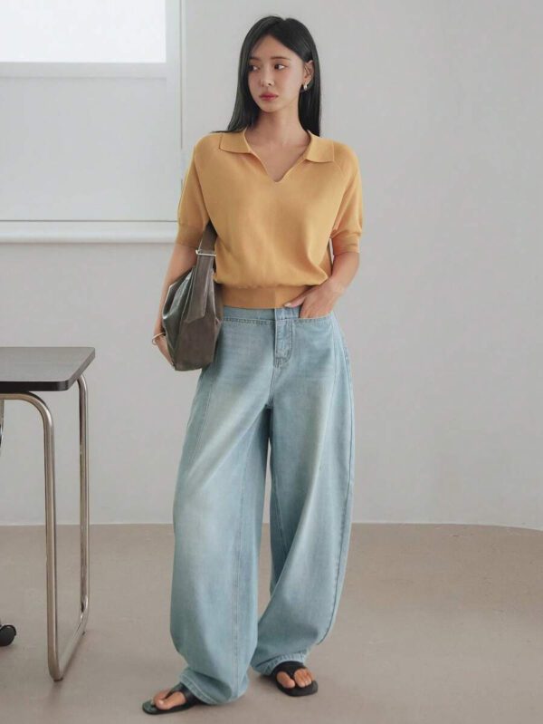 Dazy-Less Top tricoté ample de couleur jaune crème, simple et décontracté. Élégant pour le bureau, manches courtes, pour le printemps et l'été. Tenue pour enseignante – Image 3