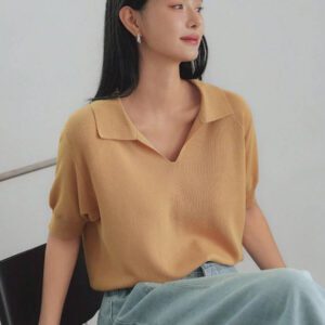 Dazy-Less Top tricoté ample de couleur jaune crème, simple et décontracté. Élégant pour le bureau, manches courtes, pour le printemps et l'été. Tenue pour enseignante