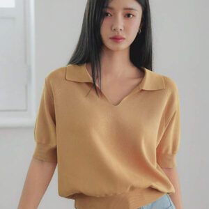 Dazy-Less Top tricoté ample de couleur jaune crème, simple et décontracté. Élégant pour le bureau, manches courtes, pour le printemps et l'été. Tenue pour enseignante