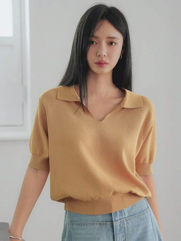 Dazy-Less Top tricoté ample de couleur jaune crème, simple et décontracté. Élégant pour le bureau, manches courtes, pour le printemps et l'été. Tenue pour enseignante – Image 5