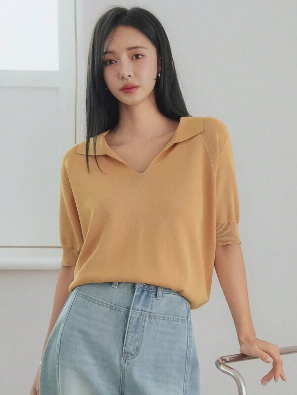 Dazy-Less Top tricoté ample de couleur jaune crème, simple et décontracté. Élégant pour le bureau, manches courtes, pour le printemps et l'été. Tenue pour enseignante – Image 7
