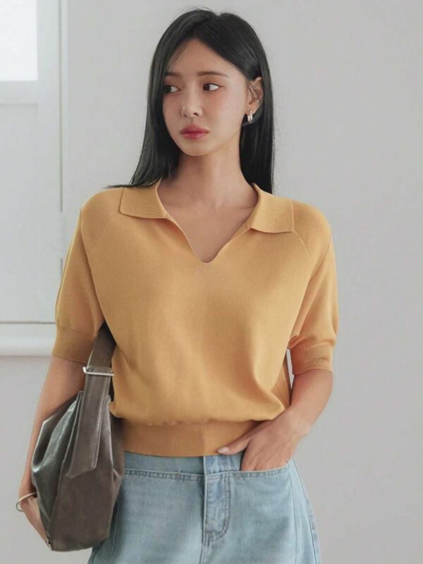 Dazy-Less Top tricoté ample de couleur jaune crème, simple et décontracté. Élégant pour le bureau, manches courtes, pour le printemps et l'été. Tenue pour enseignante – Image 8