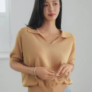 Dazy-Less Top tricoté ample de couleur jaune crème, simple et décontracté. Élégant pour le bureau, manches courtes, pour le printemps et l'été. Tenue pour enseignante